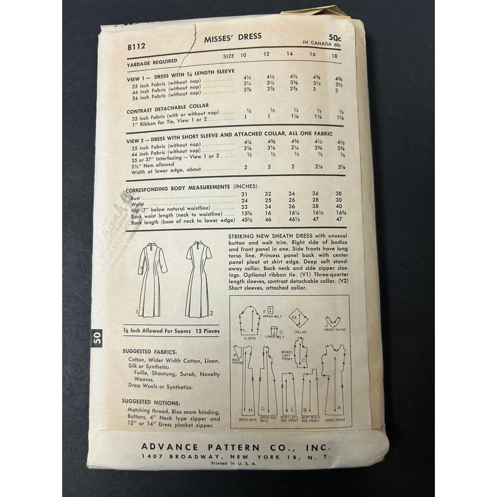 Vintage 1950's Advance 8112 Sewing Pattern Misses‎ Dress Size 16 HTF RARE